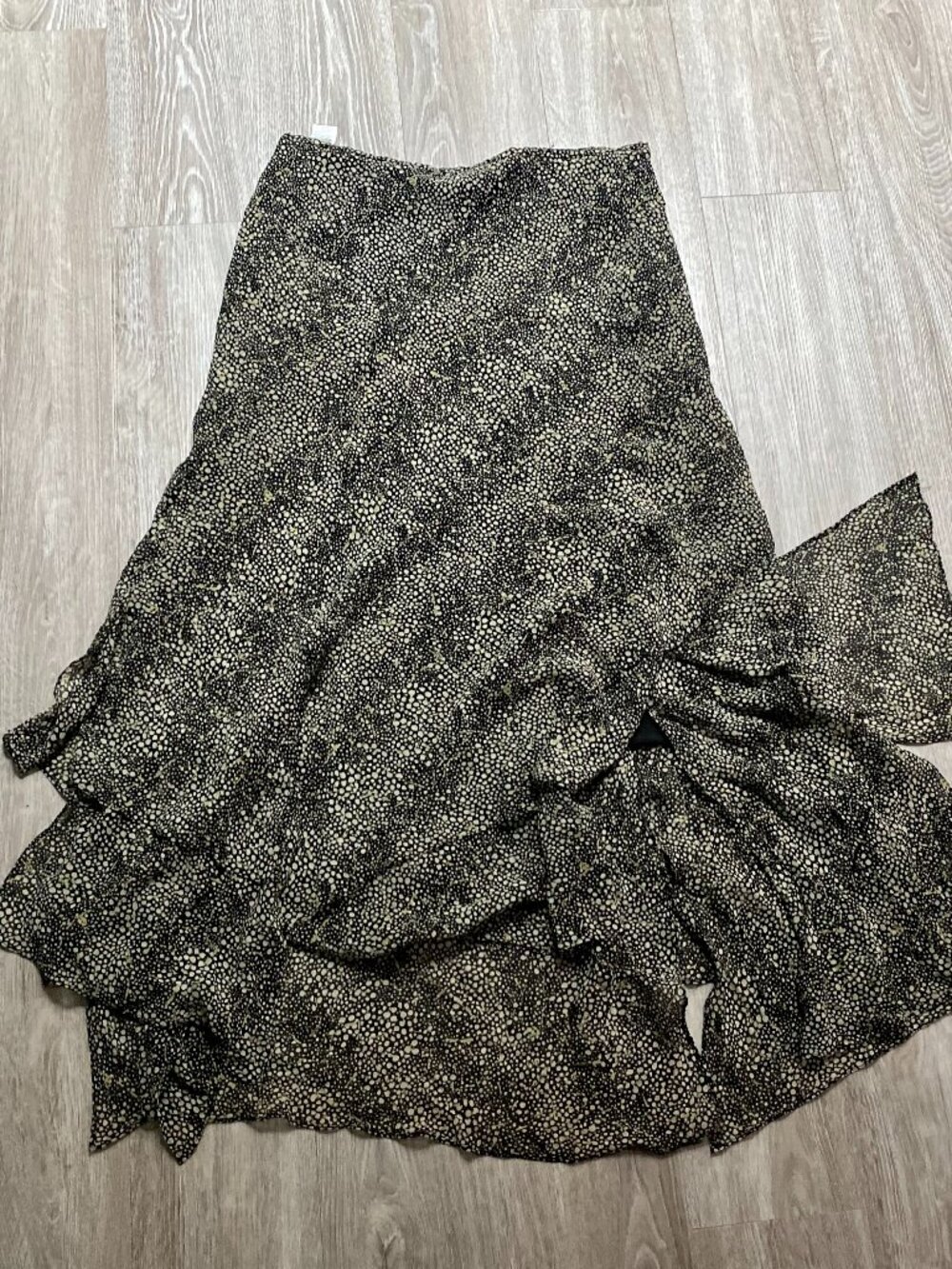 Flowy Green/Black Silk Animal Print Forest Lined Asymmetrical Maxi Skirt 10